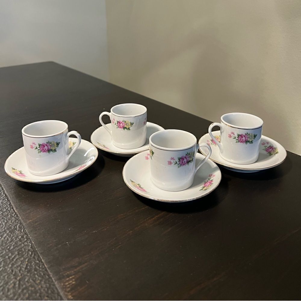 Demitasse Cups and Saucers, Pink Rose Floral, Espresso Cups, Set of 4